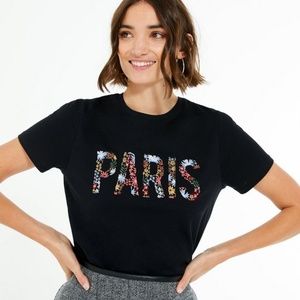 Black Floral Embroidered Paris Slogan T-Shirt